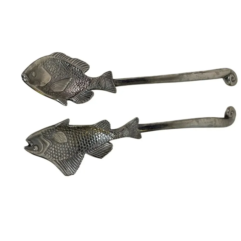 Art Metal Fish Decor Salad Servers Silver Tone Aluminum 13